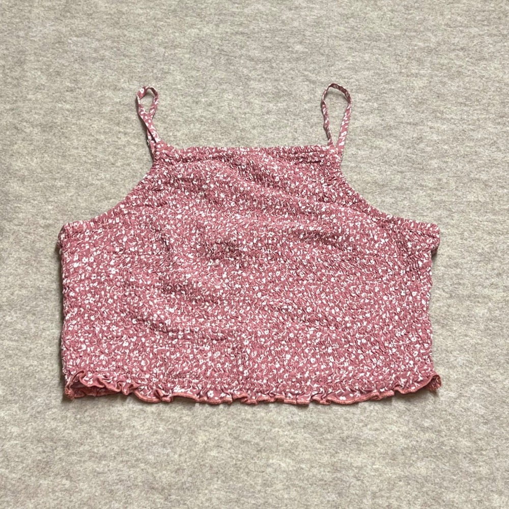 Hollister Pink Floral Smocked Crop Top Womens Medium Cami Ruffle Hem Boho EUC
